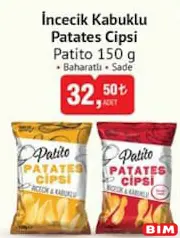 PATİTO İNCECİK KABUKLU PATATES CİPSİ 150 G fiyat ve kampanya bilgisi